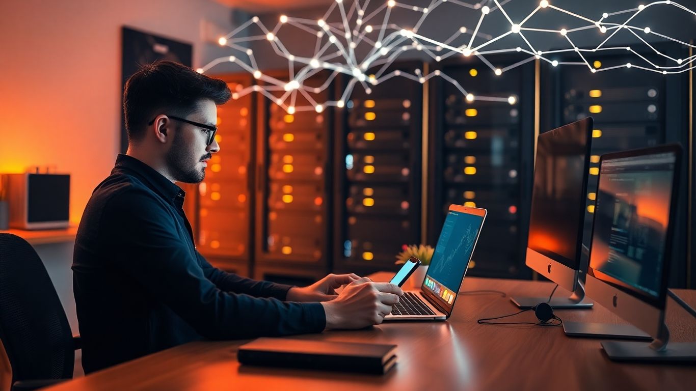 Individual using a laptop in front of multiple computer servers in a data center environment.