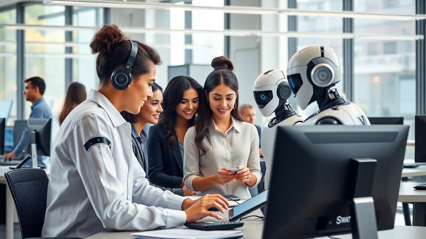A group of four professionals, including two women and two robots, engaged in a collaborative work environment.