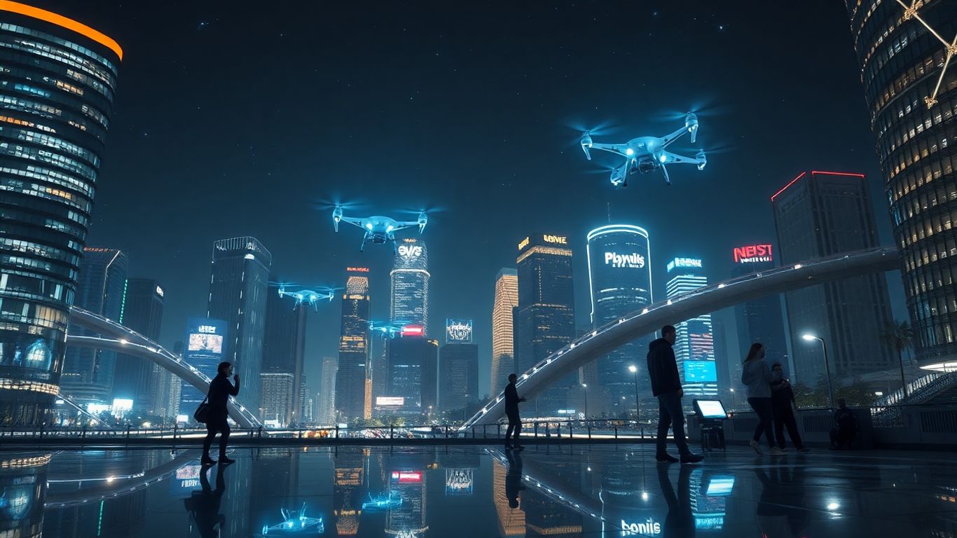 Multiple drones flying above a modern city skyline illuminated at night.