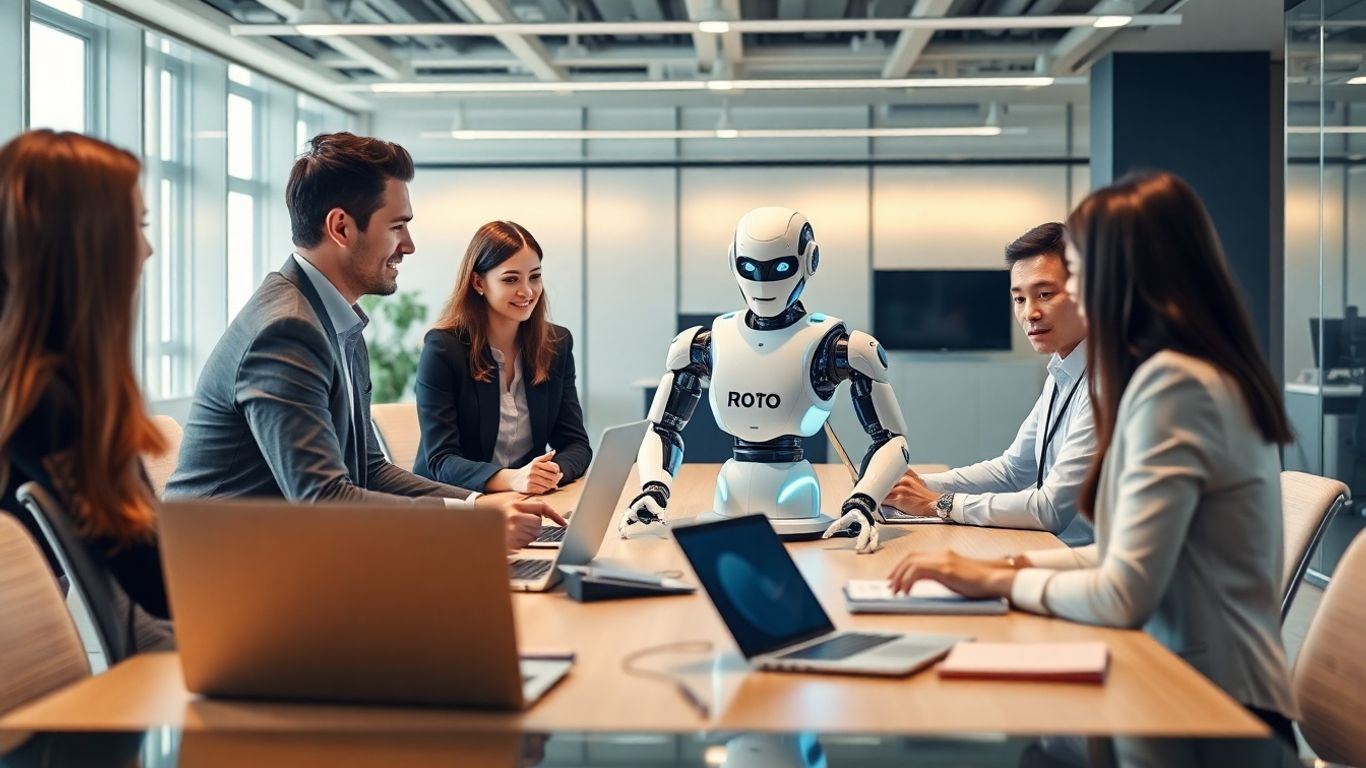 A robot named ROTO seated at a conference table with business professionals during a meeting.