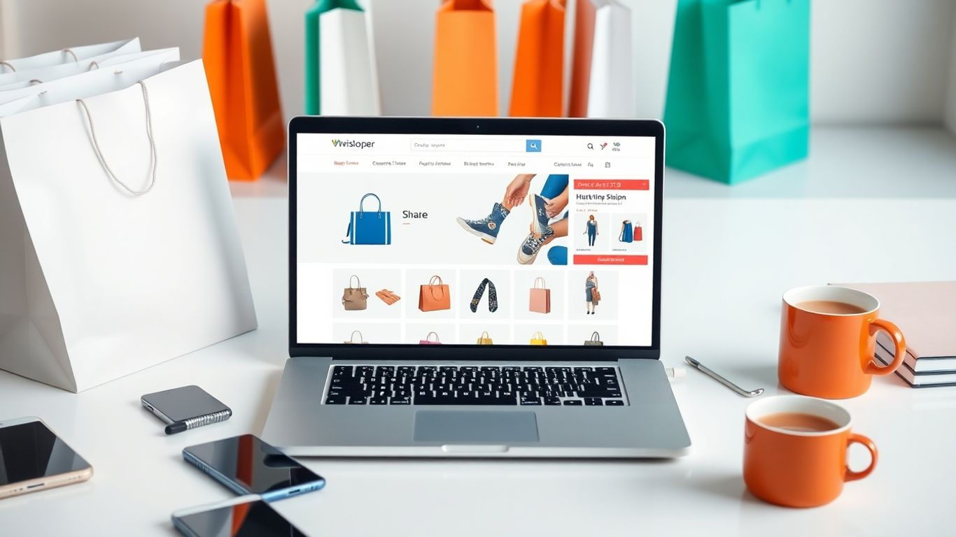 Laptop showing an e-commerce website with various bags and shoes, surrounded by shopping bags and cups.