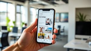 Hand holding smartphone with modern mobile website design