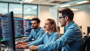 IT professionals monitor website servers in modern office