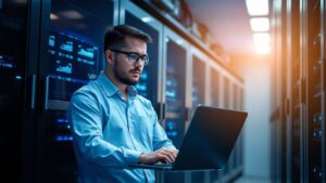 IT specialist in server room ensuring website security