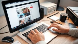 Laptop auditing website surrounded by office items