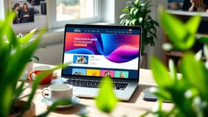 Laptop with website open on sunny desk workspace