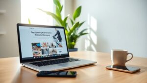 Modern workspace with laptop and coffee for website optimization