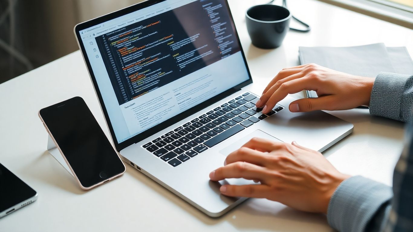 Person maintaining website on laptop with digital devices