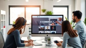 Team maintaining e-commerce website in modern office