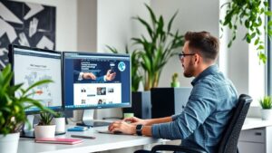 Web developer maintaining a website in office