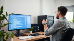Web developer working on website code in modern office