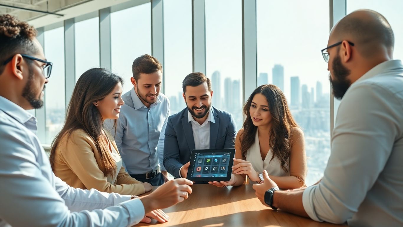 Business meeting discussing mobile app development in Dubai