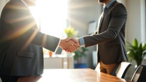 Handshake between two business professionals in an office.