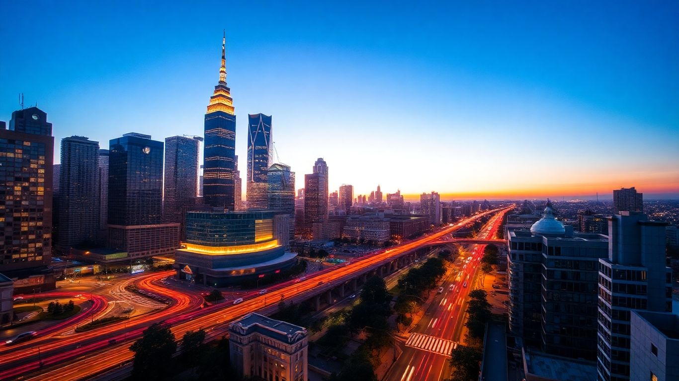 Cityscape with glowing lights at dusk
