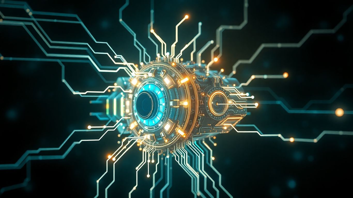 Futuristic AI engine generating abstract light shapes.