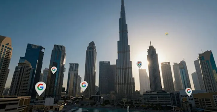 Dubai skyline with Google Maps pins indicating local businesses.