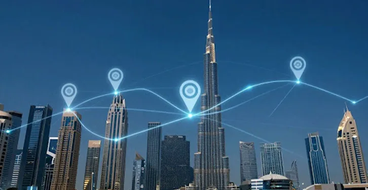 Dubai skyline with digital connections for local SEO.