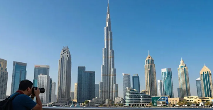 Dubai cityscape with digital growth elements.