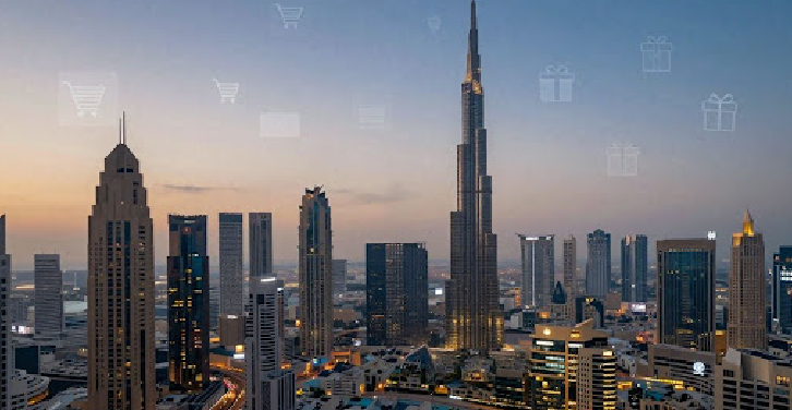 Dubai cityscape with e-commerce icons